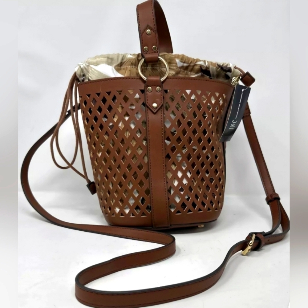 INC International Concepts Womens Brown Vegan Leather Weave Bucket Purse Handbag